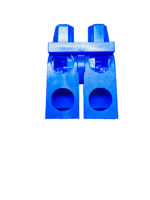Close-up of LEGO 6251186 Minifigure Legs, Dark Blue with Pattern - UB1431, featuring two large circular holes. Set against a plain white background, it highlights its simple geometric design and unique accessory appeal.