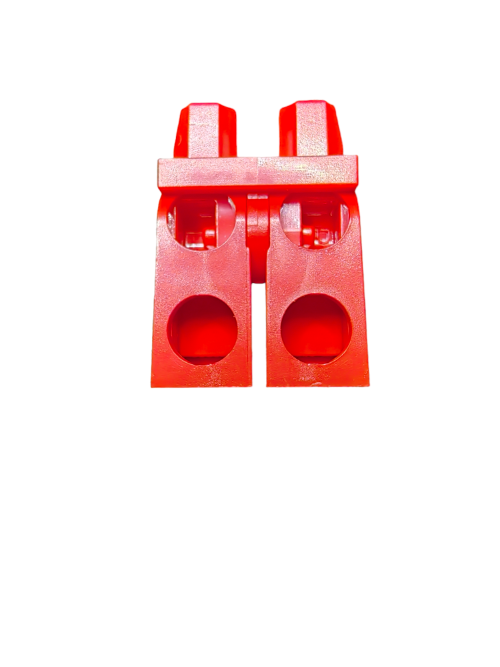The LEGO 6404012 minifigure legs in dark red with black stripes, featuring two cylindrical holes and geometric shapes, stand upright against a plain white background.