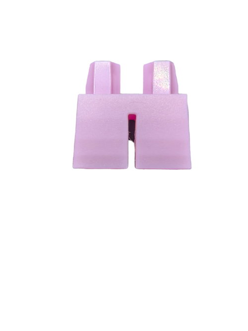 A pink object resembling short minifigure legs with two vertical prongs and a rectangular top section against a white background, similar to a stylized M or U, is the LEGO 6387993 Minifigure Legs, Short Bright Pink - UB1180.