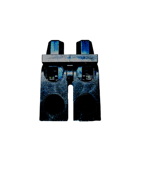Viewed from the front against a white background, the product showcased is LEGO 9339 Minifigure Legs in black with blue accents, made from high-quality materials.