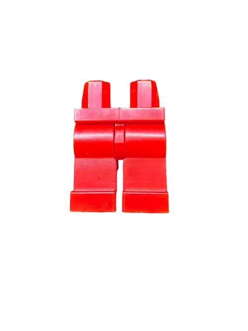The LEGO 9342 Minifigure Legs, Red (UB1181), are displayed standing upright against a white background, highlighting their vibrant color and sleek design for building toy sets.