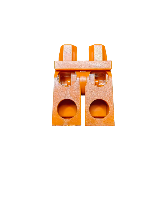 Close-up of two connected LEGO 6172566 Minifigure Legs in dark orange, featuring a blocky structure with circular cutouts and connecting notches, isolated on a white background.