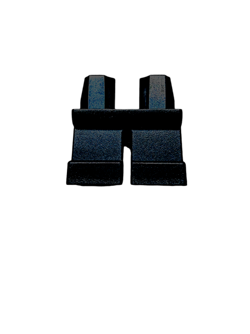 The LEGO 4596914 Minifigure Legs, Short Black - UB1179 is a small plastic toy resembling short black pants, perfect for creative playtime, photographed against a plain white background.
