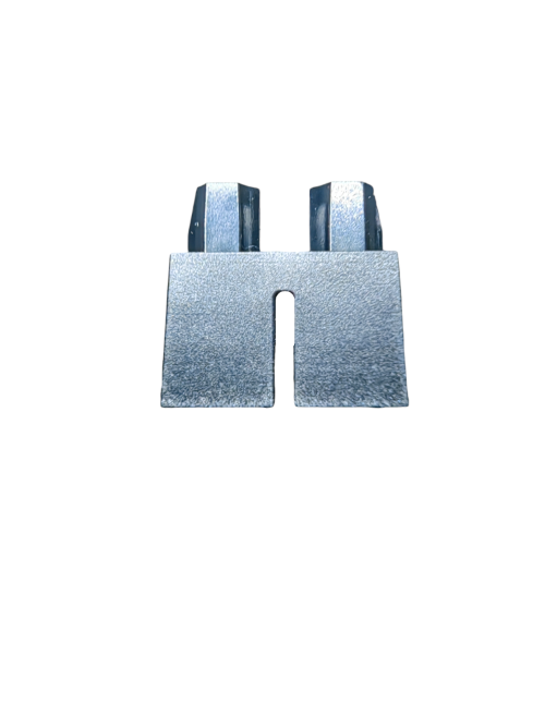 Close-up of LEGO 4596914 Minifigure Legs, Short Black - UB1179 with a flat rectangular body and two raised prongs on top against a plain white background.