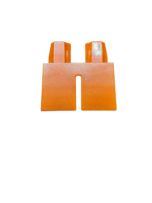 Close-up of LEGO® 6295081 Minifigure Legs in dark orange/brown (UB1175), featuring a textured surface. It includes two short cylindrical connectors on top and an inverted U-shape at the bottom, ideal for customizing minifigures. Set against a plain white background.
