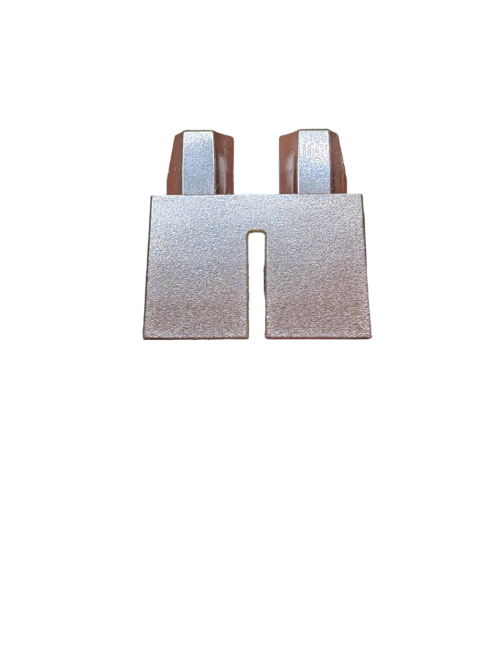 A small dark brown metallic rectangular object with a bottom center notch, topped by two cylindrical pieces resembling LEGO® 6005225 Minifigure Legs, isolated on a white background.