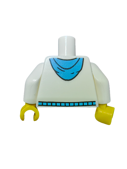 A LEGO 4570026 torso features yellow hands and a white body with a blue hand pocket, drawstrings, and checkered blue belt pattern. This minifigure piece includes no head or legs, displayed on a plain white background.