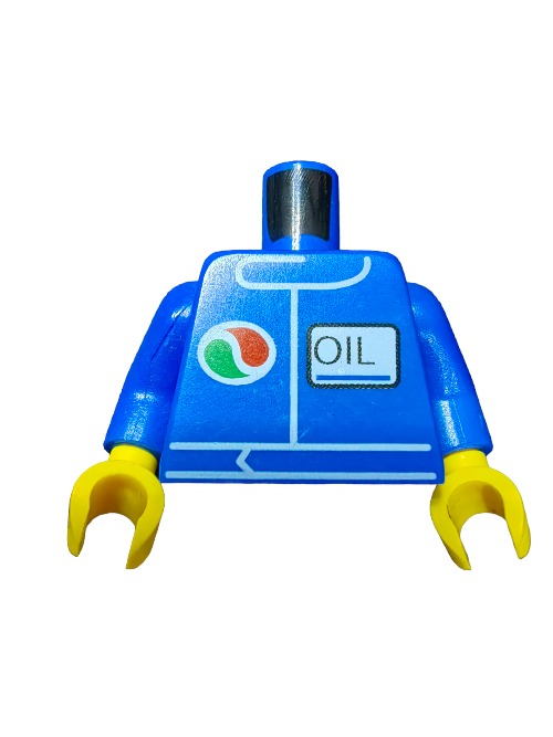The LEGO 4275827 minifigure torso is a standout piece with its blue design, vibrant yellow hands, and a distinctive circular green and orange Octan Logo on the left side alongside OIL in a white rectangle on the right. Retired in 2012, its an iconic addition to any collection.