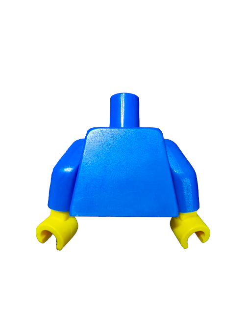 A LEGO 4275827 torso, featuring the Octan logo and OIL pattern, with solid blue arms and bright yellow hands, reflecting classic LEGO design. Retired in 2012, it has no head, embodying timeless appeal.