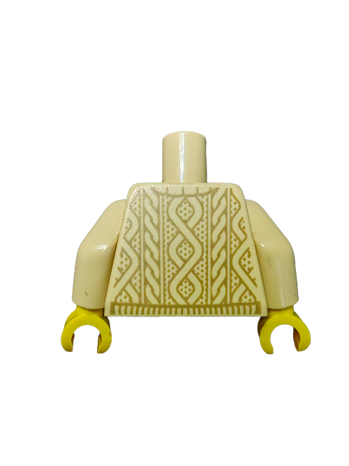 The LEGO 6205345 torso showcases a beige body with yellow hands, highlighted by an intricate gold and brown pattern that mimics a knitted wooly jumper, all set against a plain white background. This piece adds cozy charm to any collection.