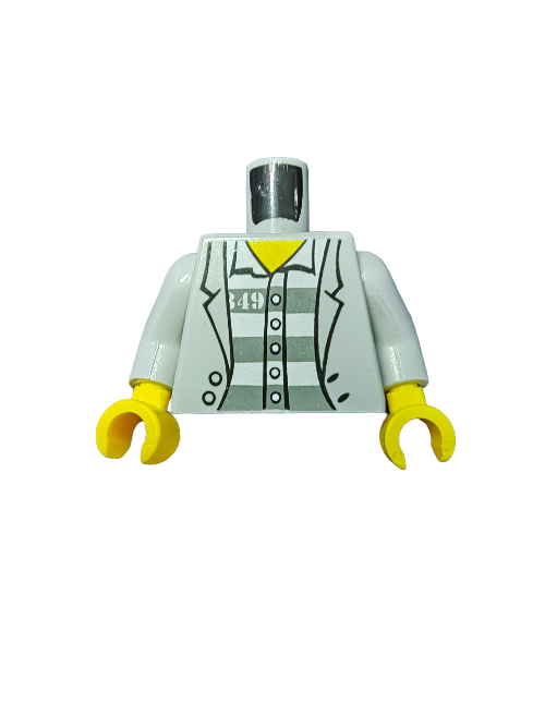 The LEGO Torso, Prisoner Jacket - UB1455, features a gray design with yellow hands, showcasing printed prisoner jacket details like stripes and number 49, ideal for jailbreak scenes. Note: Head and legs are not included.