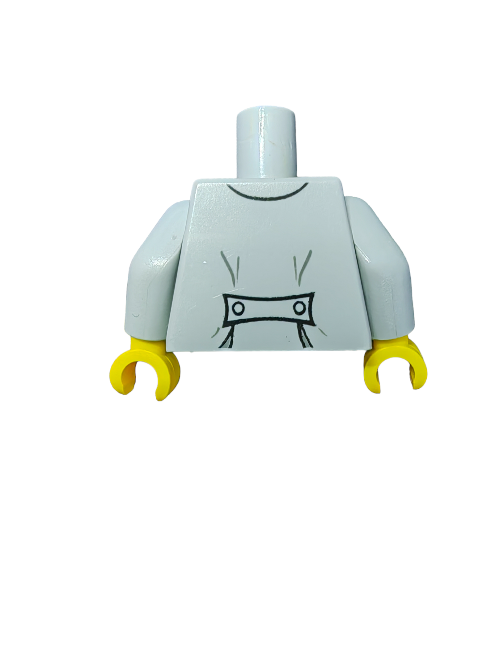 The LEGO Torso, Prisoner Jacket - UB1455 is a gray minifigure torso with yellow hands and black printed details resembling clothing with an apron design, similar to a prisoner jacket. It does not include a head or legs. The background is white.