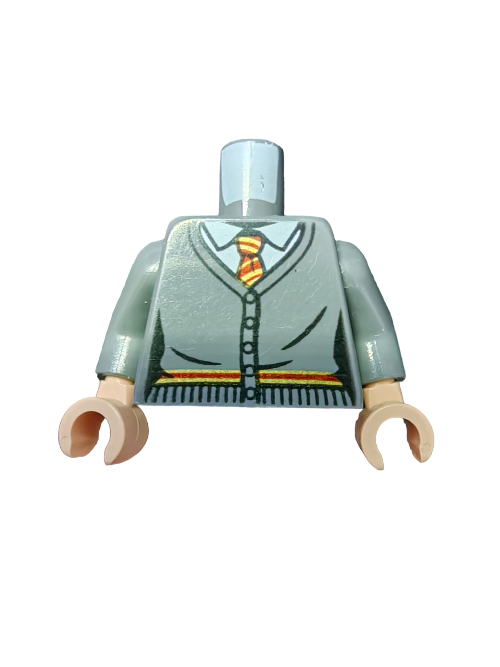 The LEGO PRELOVED Minifigure Torso, UB1451, is perfect for any Harry Potter collection. It showcases a light gray sweater with a yellow and orange tie, plus light-colored hands on a simple white background. Note: it does not include a head or legs.