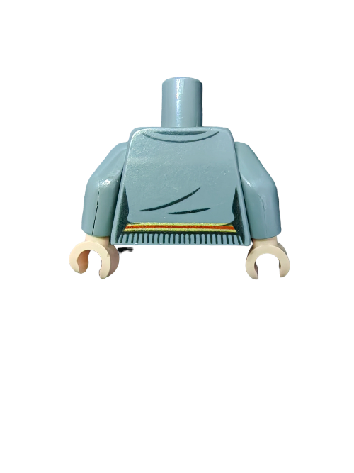 A LEGO PRELOVED Minifigure Torso, Harry Potter Hermione - UB1451 in blue-green, featuring light tan hands and a yellow chest design, is displayed on a white background.
