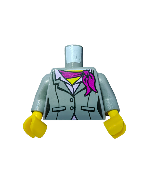 The UB1453 LEGO Torso features a stone gray jacket, pink blouse, and magenta scarf design with yellow claw hands. Despite missing the head and legs, its stylish look stands out against a plain white background.