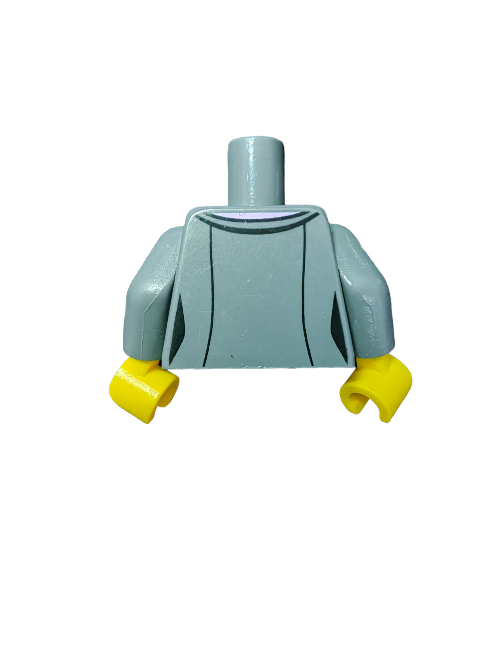 A Minifigure torso piece, LEGO Torso UB1453, displays gray arms and yellow hands against a white background. The stone gray torso features a jacket with a pink blouse and magenta scarf, capturing the essence of minifigure style elegantly.