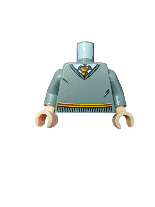 The LEGO PRELOVED Minifigure Torso, Harry Potter Gryffindor DB Gray, UB1447, showcases a printed design with a colorful collar emblem and arm details inspired by Gryffindor house. Light beige hands contrast against a white background.