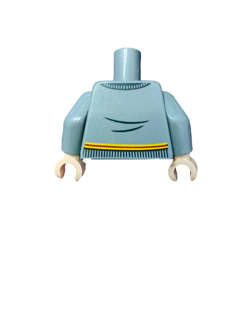 The LEGO PRELOVED Minifigure Torso, Harry Potter Gryffindor DB Gray - UB1447, is ideal for fans with its light blue arms and hands, black collar line, stylized black stripe on the chest, and a yellow waist stripe set against a plain white background.