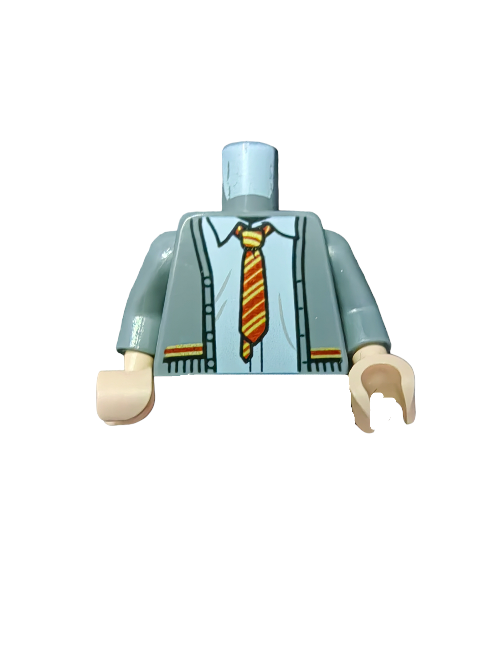 The LEGO PRELOVED Minifigure Torso UB1450 features a light blue shirt, orange-yellow tie, and gray sweater reminiscent of a Gryffindor Cardigan, complete with light beige hands. Ideal for Harry Potter fans, it adds charm to any set against its white background.