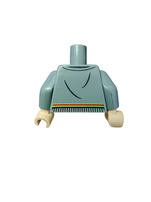A LEGO PRELOVED Minifigure Torso, Gryffindor Cardigan Harry Potter (UB1450), is depicted on a white background. It features a light blue color with printed wrinkles and one tan hand, but does not include a head or legs.