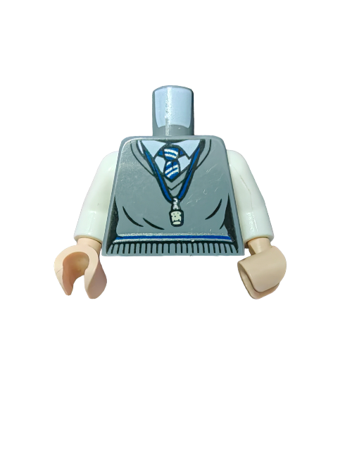 The LEGO Torso UB1452 features a trendy school uniform design, showcasing a light gray zip sweater with a blue and white striped tie and whistle, beige arms, and an emblem, perfect for enhancing any collection or imaginative play.