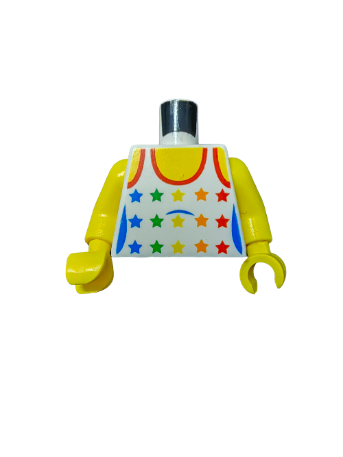 The LEGO Torso (UB1441) features a white tank top with rainbow stars, yellow arms, and gripping hands for a playful design.