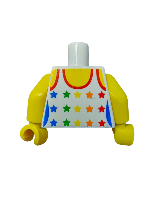 The LEGO Torso UB1441 features a rainbow of stars on white with yellow hands and no head. A red curved line at the top adds a neckline touch, perfect for female Minifigures seeking colorful flair.