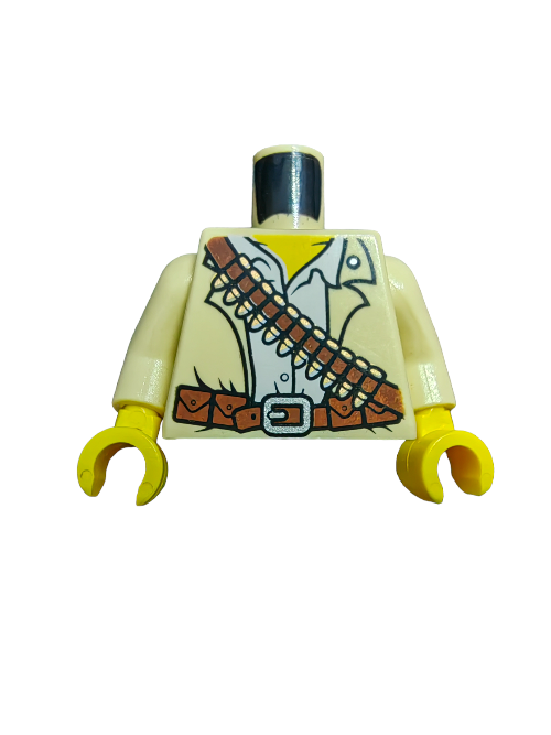 The LEGO Torso, Pharaohs Quest Jake Raines - UB1459, features a tan shirt with a brown bandolier and belt. Yellow arms and hands complement it, along with the cylindrical black neck. Its sold without head or legs, ideal for customizing Minifigures like Jake Rains from Pharaohs Quest.