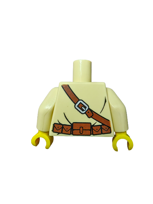 The Pharaohs Quest LEGO Torso, UB1459, features a tan shirt with a brown diagonal strap and belt plus yellow arms and hands, perfect for enhancing your Jake Raines Minifigure.