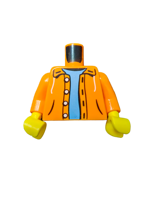 The LEGO Torso UB1460 features an orange jacket with visible stitching, yellow hands, and a light blue top underneath. The head is missing, all set against a minimal white background—perfect for your next brick-building endeavor.