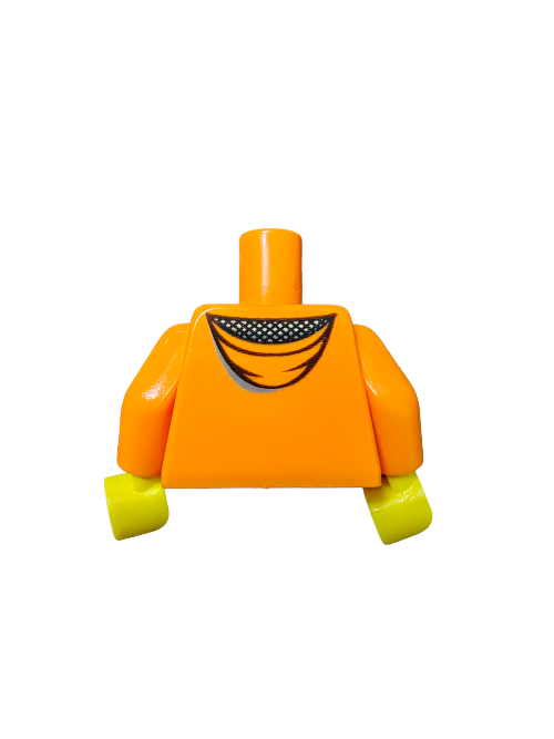 Close-up of the LEGO Torso UB1460, featuring an orange jacket with a hood and light blue top. This colorful construction-themed piece from the brick-building world has a printed chest pattern, but lacks a head and legs.