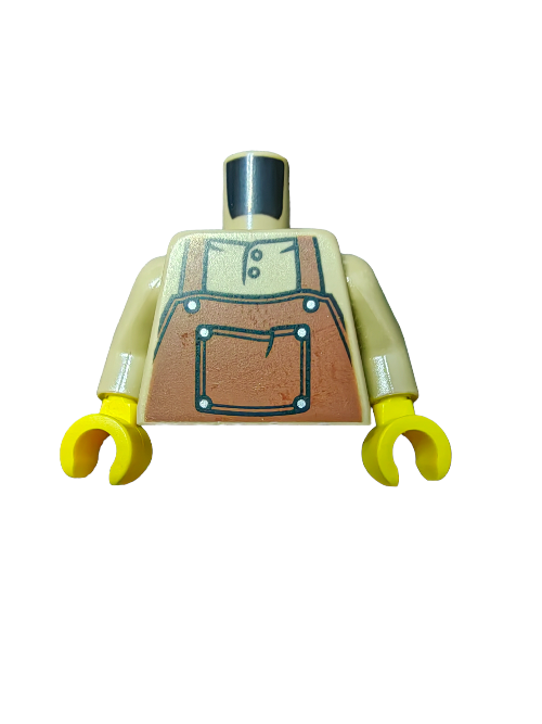The LEGO 6335769 minifigure torso features a tan shirt with buttons, printed brown apron-like overalls with a front pocket, bright yellow hands, and a contrasting black neck piece, ideal for chef or baker minifigures.