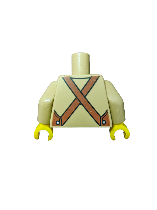 The LEGO 6335769 Torso features a yellow figure torso with hook-shaped hands, brown suspenders over a tan shirt with buttons. Its headless and legless, ideal for completing minifigure chefs, bakers, or craftsmen.
