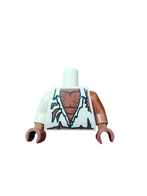 The LEGO PRELOVED Minifigure Torso, Ripped Shirt with Hairy Chest - UB1443, is a standout in any collection, featuring an innovative design with a white shirt and torn front revealing a brown muscular chest. Its brown arms enhance the appeal against a plain white background.