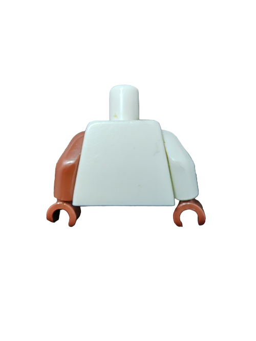 The LEGO PRELOVED Minifigure Torso, Ripped Shirt with Hairy Chest (UB1443), features a white body, brown right arm, and a white left arm. Headless and handless against a white background, it encourages fans to creatively expand their Minifigure collection.