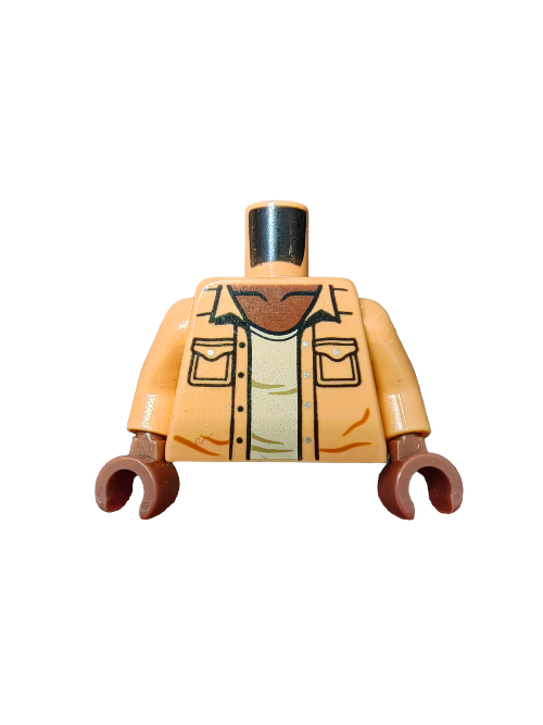 LEGO minifigure torso, product name: Jurassic World Barry UB1467, features a yellow shirt and brown jacket design with matching arms and hands on a white background.