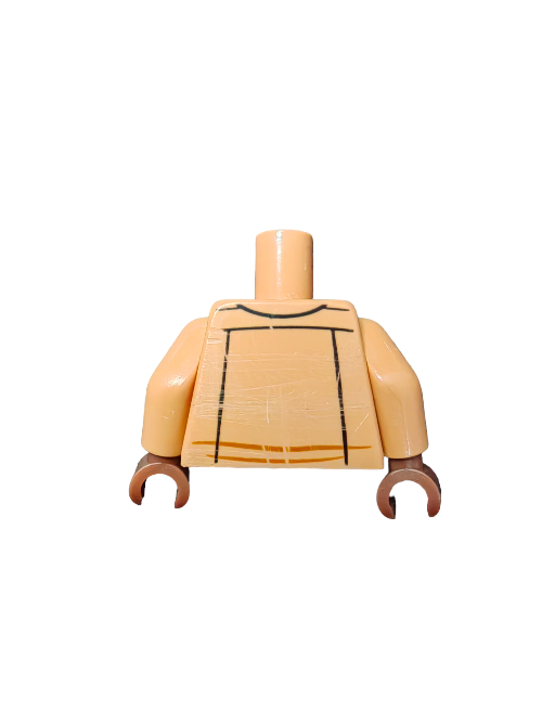 A close-up of a yellow LEGO minifigure torso and arms, likely from the Jurassic World Barry edition (UB1467), features black and brown shirt-like detailing against a plain white background.