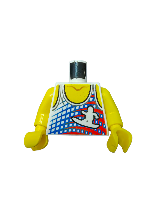 LEGO Torso UB1446 features vivid yellow arms and a white Surfer Vest Top with a striking blue and red abstract design and a crisp white surfer silhouette. Its sold without head or legs, ideal for creative Minifigure combinations.