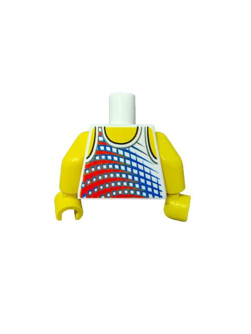 The LEGO Torso, Surfer Vest Top (UB1446) features yellow arms and a sleeveless vest design adorned with vibrant blue, red, and yellow patterns of dots and lines. A circular detail near the neck makes it perfect for beach-themed minifigures.