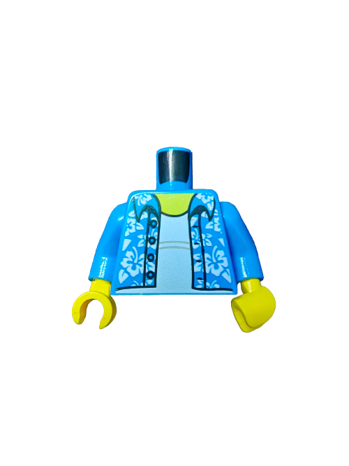 The LEGO 6193838 Torso displays a vibrant blue Hawaiian shirt with white flowers, accompanied by blue arms and yellow hands. It includes a yellow neck piece but requires a head for completion.