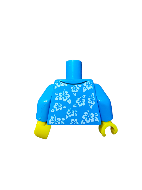 The LEGO 6193838 minifigure torso showcases vibrant blue arms and a stylish Hawaiian shirt with white flowers, complemented by distinctive yellow hands.