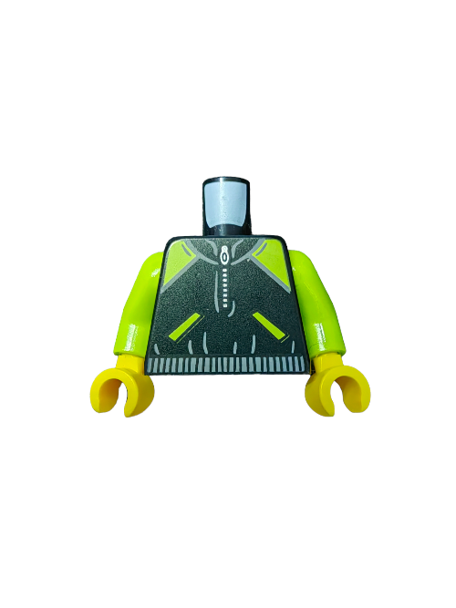 The LEGO 6153136 Torso, Lime and Black Jacket - UB1433 has neon green arms and bright yellow hands. Its black torso features a sci-fi design with green accents resembling a lime and black jacket, complete with a central zipper detail. No head or legs are attached.
