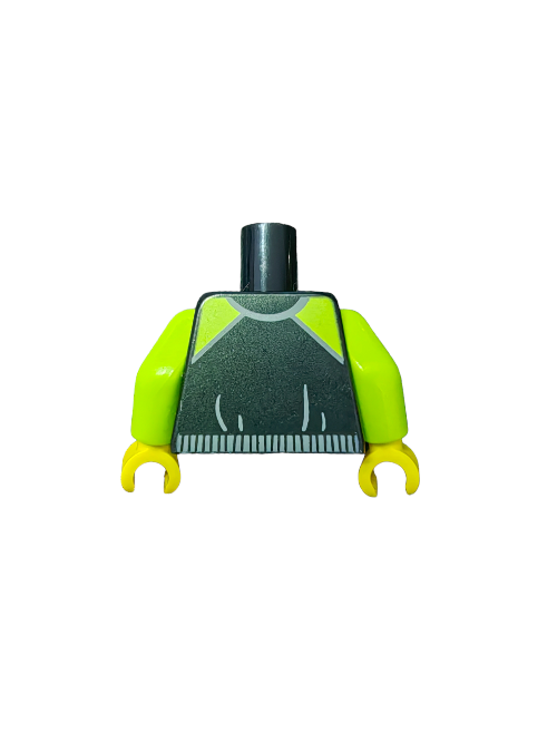 The LEGO 6153136 Torso, Lime and Black Jacket (UB1433) features bright lime green arms and a dark gray body. Adorned with a chic triangular design and scale-like markings, its perfect for customizing your minifigure collection.