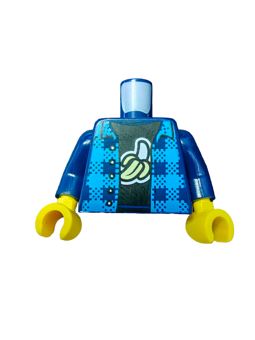 This LEGO 6275889 minifigure torso is crafted from high-quality materials and features black arms, yellow hands, and a fashionable black T-shirt with a quirky banana logo on the front. The blue neck invites you to attach a head to complete your unique creation.