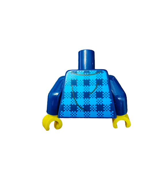 The LEGO 6275889 Torso is a fashionable black T-shirt with a quirky banana logo. Crafted from high-quality materials, this minifigure piece features blocky arms, yellow hands, and a cylindrical neck against a white backdrop.