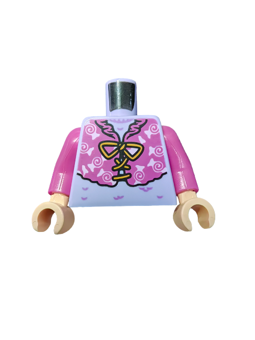 The LEGO 6354765 torso features a lavender sweater with a pink jacket design adorned with candy-like patterns and a bow tie in black and gold.