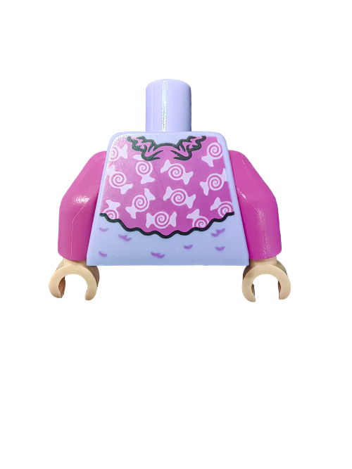 The LEGO 6354765 Torso features a light purple and pink design with candy-like swirls, a neck zigzag line, pink sleeves, and yellow hands on a white background.