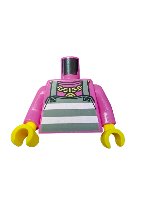 A pink LEGO minifigure torso without a head or legs features the 6388468 design: a grey apron over white prison stripes highlighted by a medallion, with yellow hands attached.