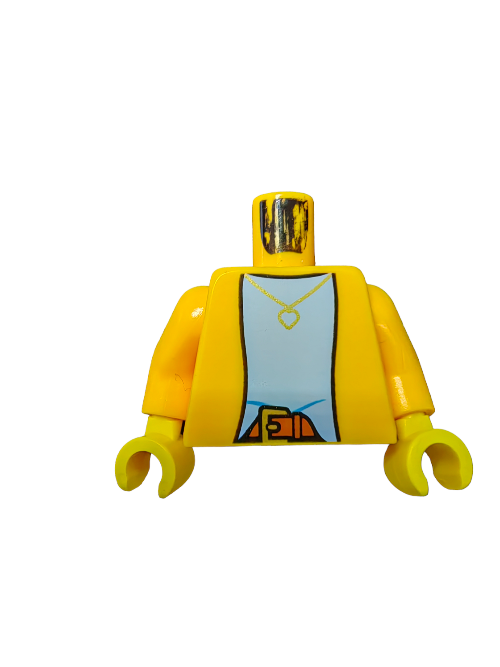 The LEGO 6335285 Preloved Minifigure Torso features a yellow jacket over a light blue shirt with a printed gold necklace. With classic yellow hands, it stands out despite lacking head details or legs.