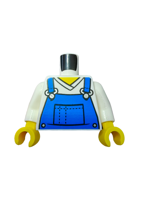 The LEGO 6219621 Torso features a white V-neck shirt with blue overalls and the iconic yellow hands.